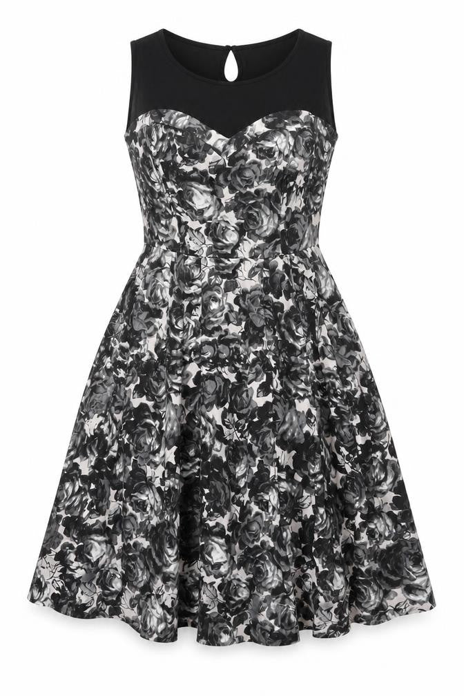 H&M Womens Black Floral Polyester Fit & Flare Size 12 Round Neck Zip - Pleated