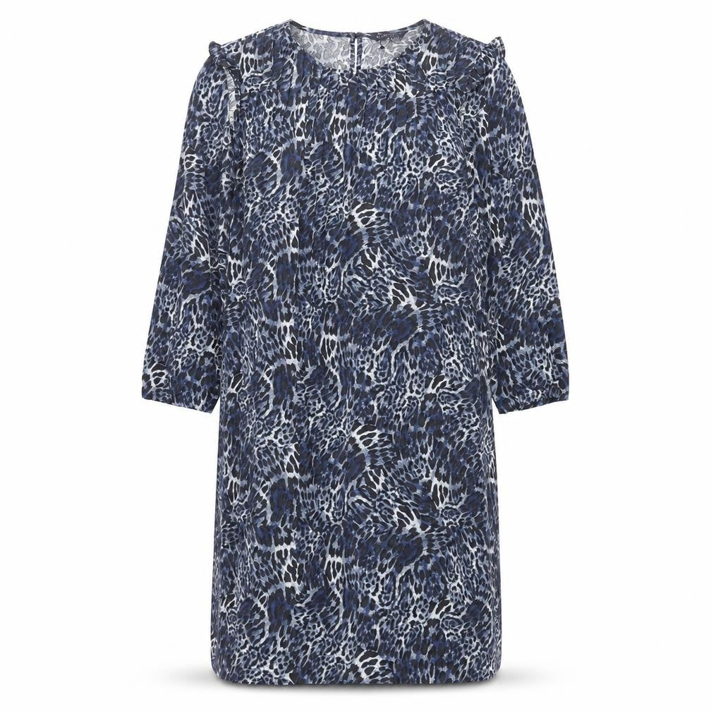 Marks & Spencer Womens Blue Animal Print Polyester Shift Size 18 Round Neck Button - Pleated Front Frill Leopard Print