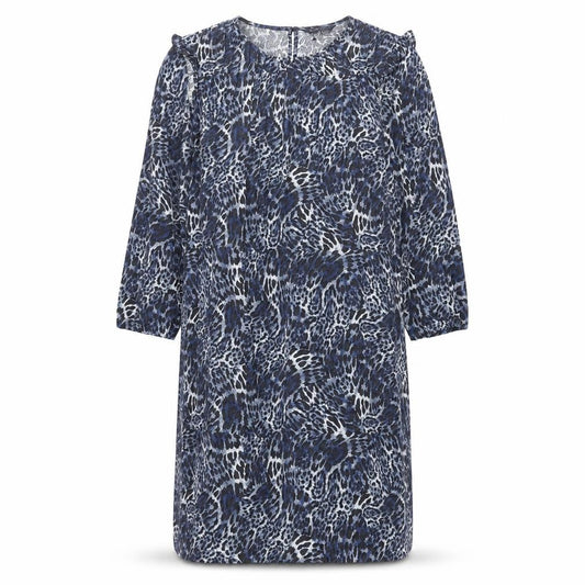 Marks & Spencer Womens Blue Animal Print Polyester Shift Size 18 Round Neck Button - Pleated Front Frill Leopard Print