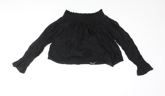 Zara Womens Black Cotton Basic Blouse Size S Round Neck - Frill Lace