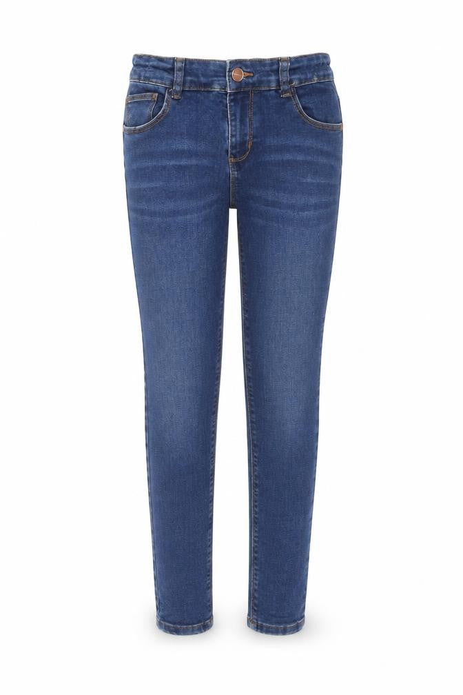 Front view of Denim & Co. girls’ blue cotton skinny jeans, size 10-11, years, 24-inch leg regular zip - adjustable waist
