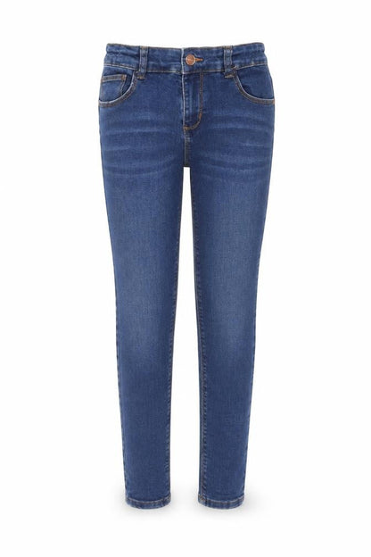 Front view of Denim & Co. girls’ blue cotton skinny jeans, size 10-11, years, 24-inch leg regular zip - adjustable waist