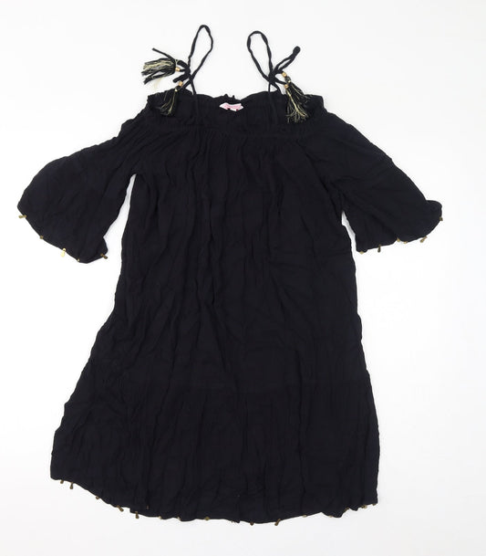 Butterfly Womens Black Viscose A-Line Size 12 Square Neck Pullover - Cold Shoulder Tassels