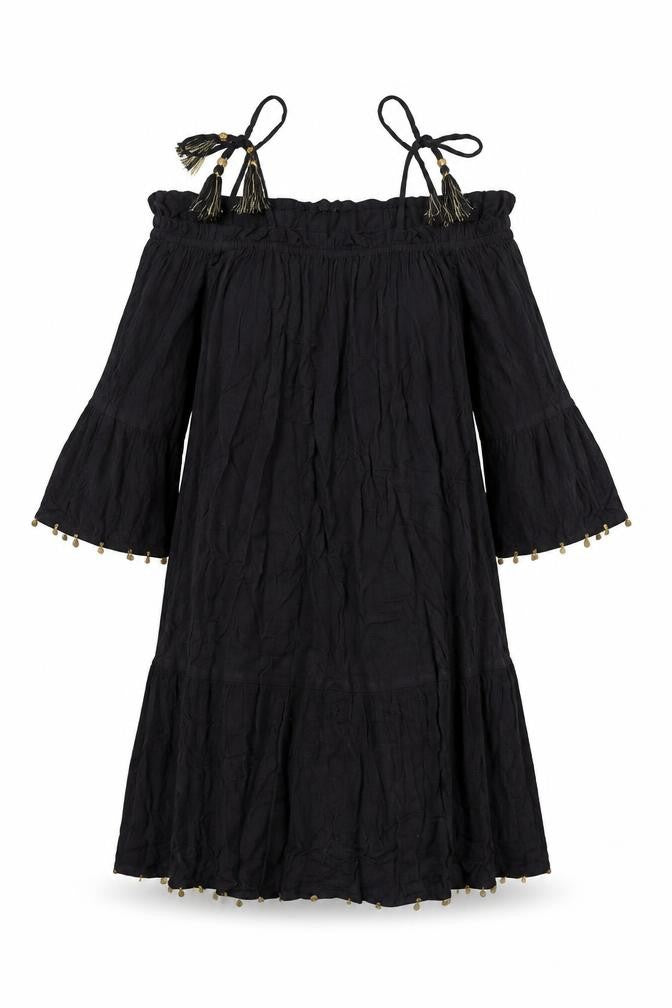 Butterfly Womens Black Viscose A-Line Size 12 Square Neck Pullover - Cold Shoulder Tassels