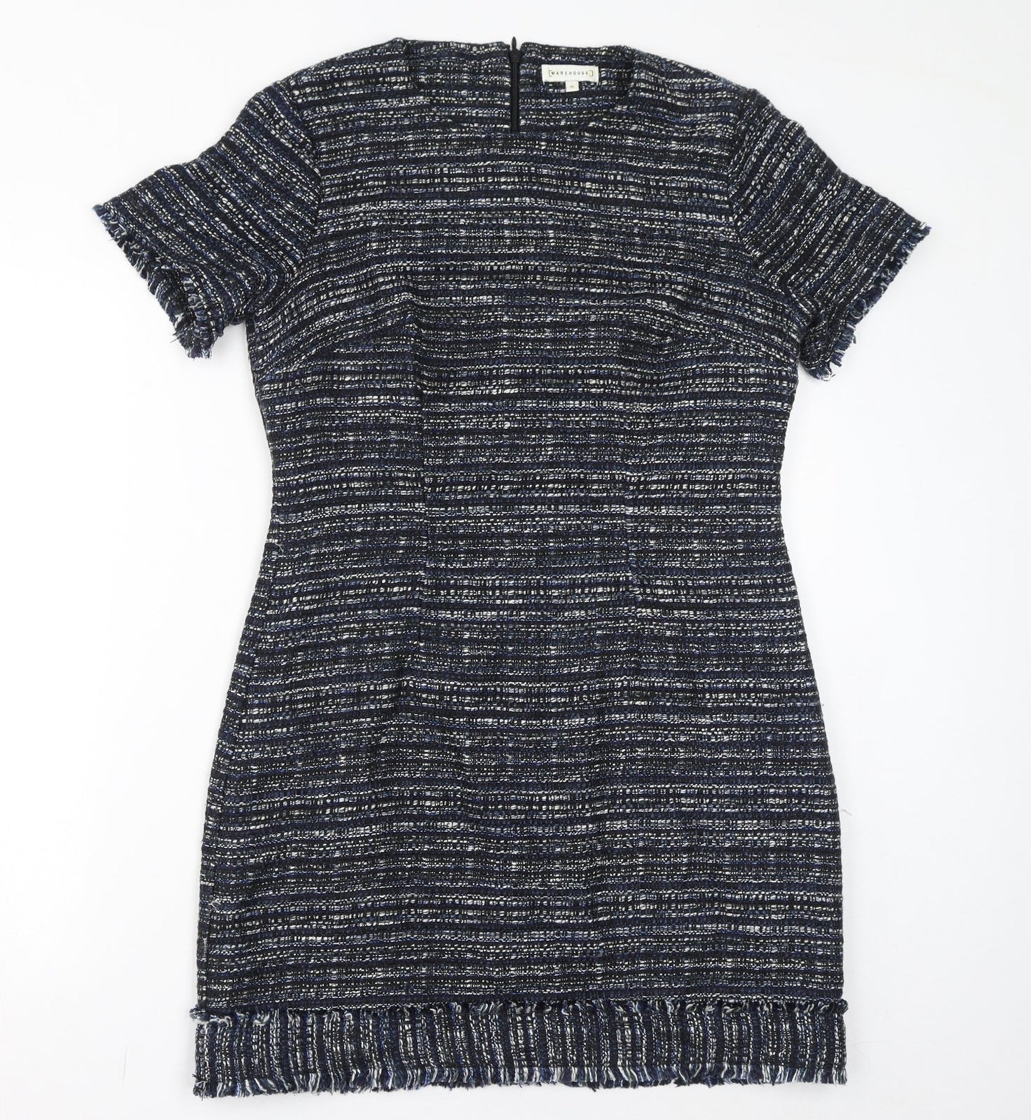 Warehouse Womens Blue Acrylic Bodycon Size 12 Round Neck Zip