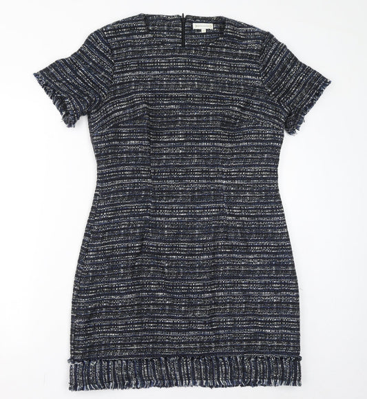Warehouse Womens Blue Acrylic Bodycon Size 12 Round Neck Zip