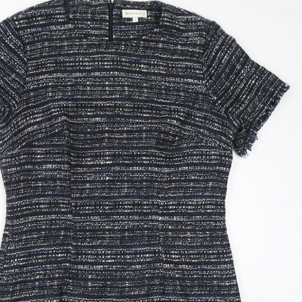 Warehouse Womens Blue Acrylic Bodycon Size 12 Round Neck Zip