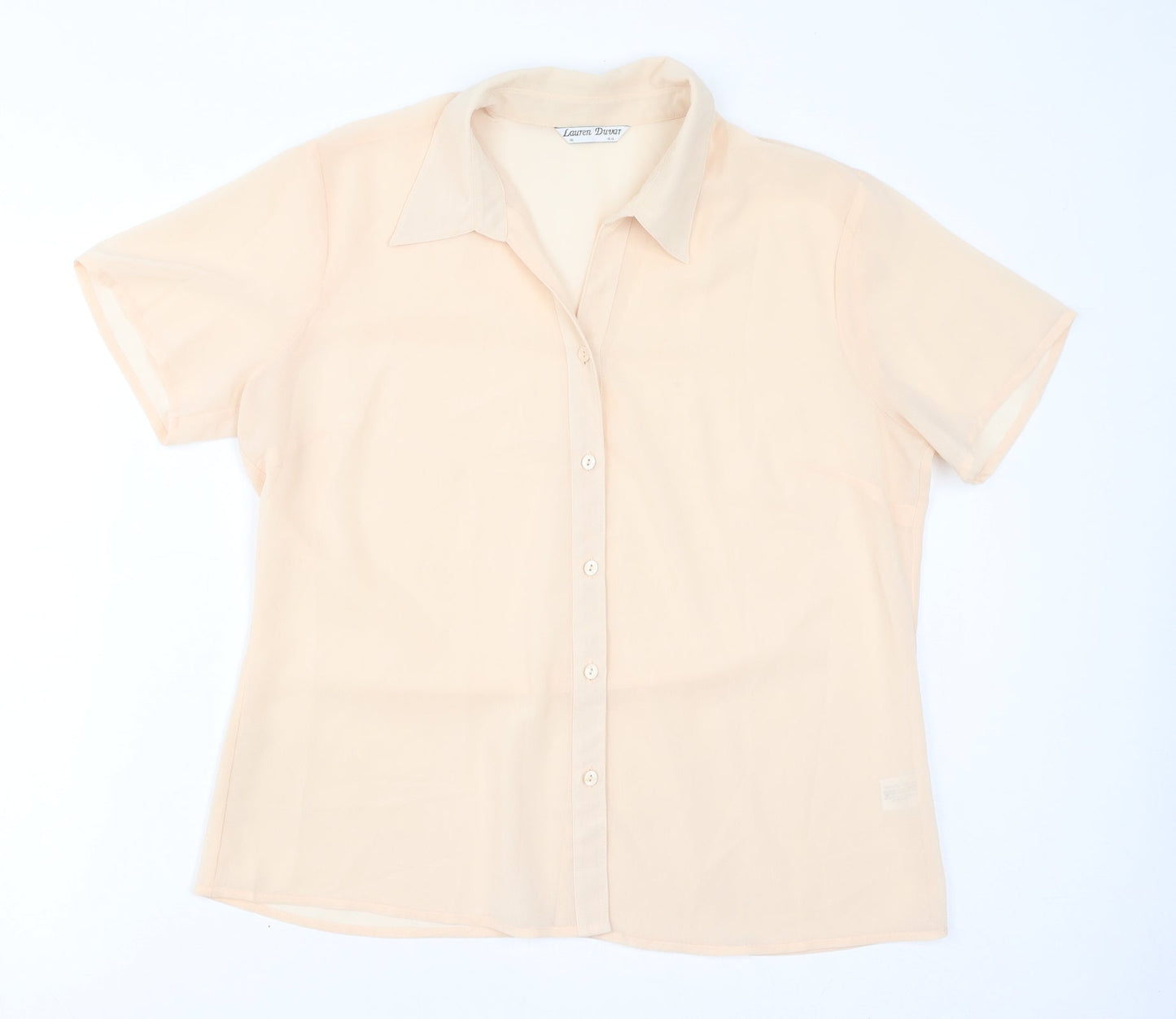 Lauren Duvar Womens Beige Polyester Basic Button-Up Size 16 Collared - Sheer