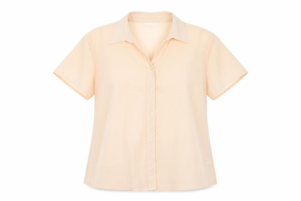 Lauren Duvar Womens Beige Polyester Basic Button-Up Size 16 Collared - Sheer
