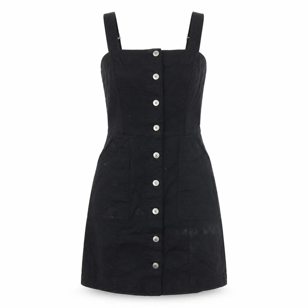 H&M Womens Black Cotton Pencil Dress Size 8 Square Neck Button - Pockets