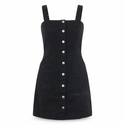 H&M Womens Black Cotton Pencil Dress Size 8 Square Neck Button - Pockets