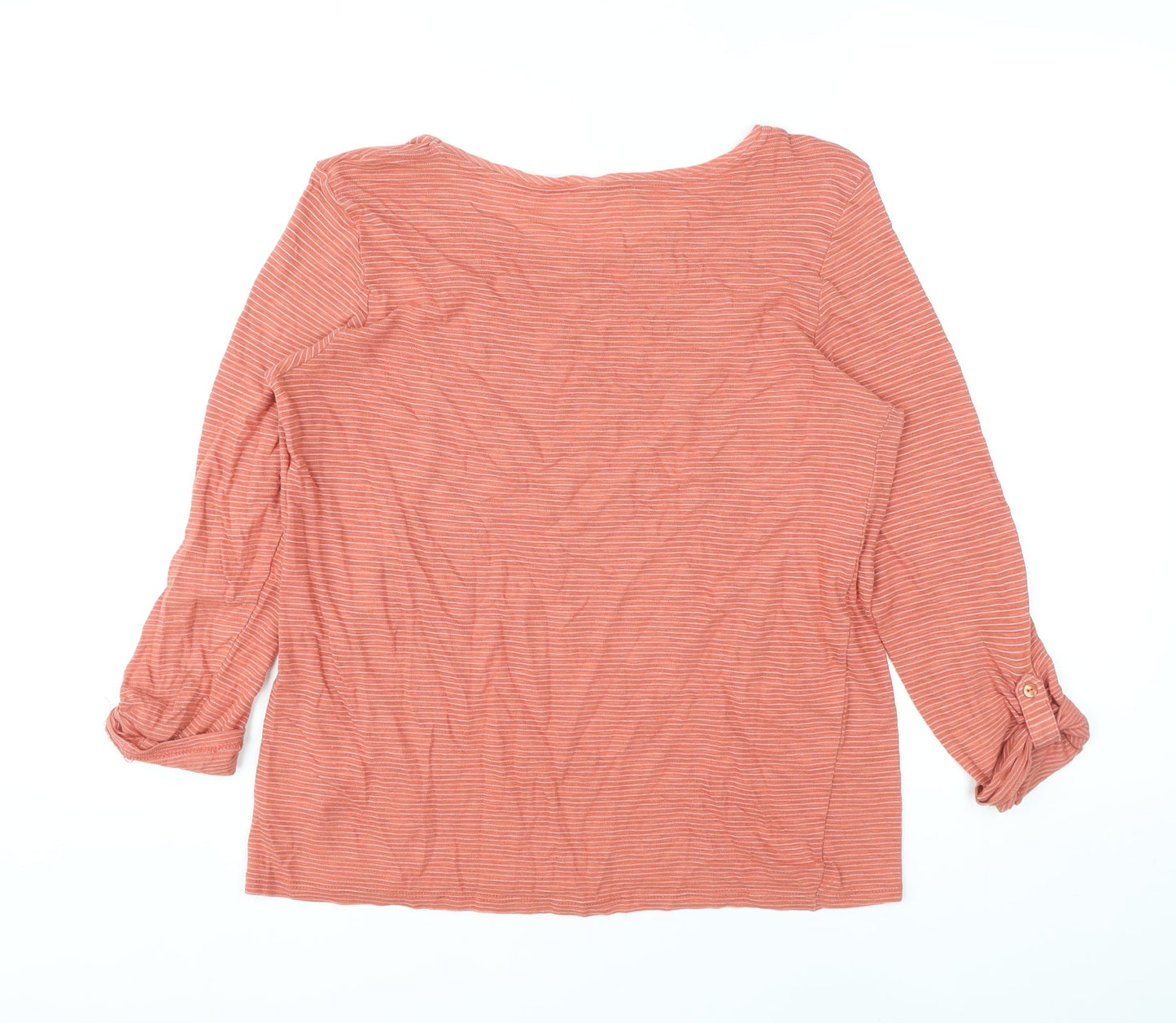 Marks and Spencer Womens Orange Striped Cotton Basic Blouse Size 14 Round Neck