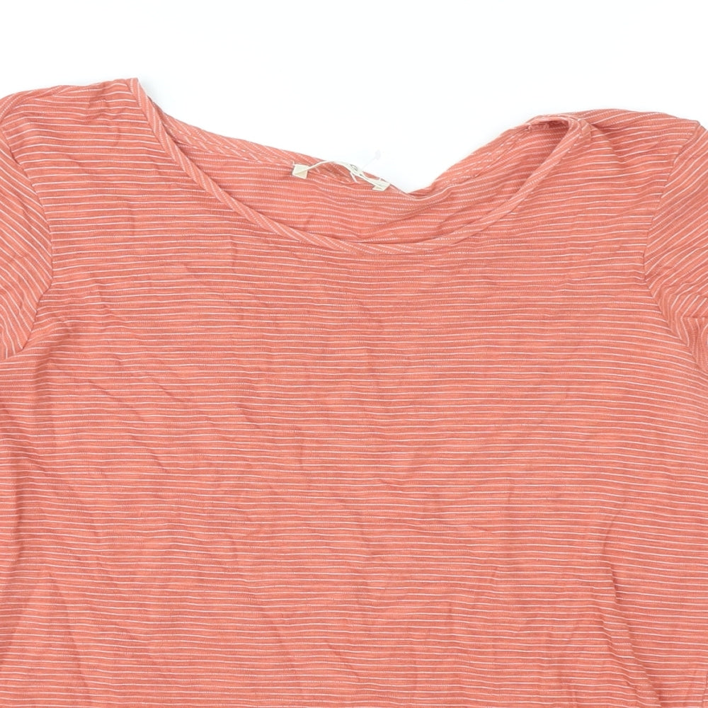 Marks and Spencer Womens Orange Striped Cotton Basic Blouse Size 14 Round Neck