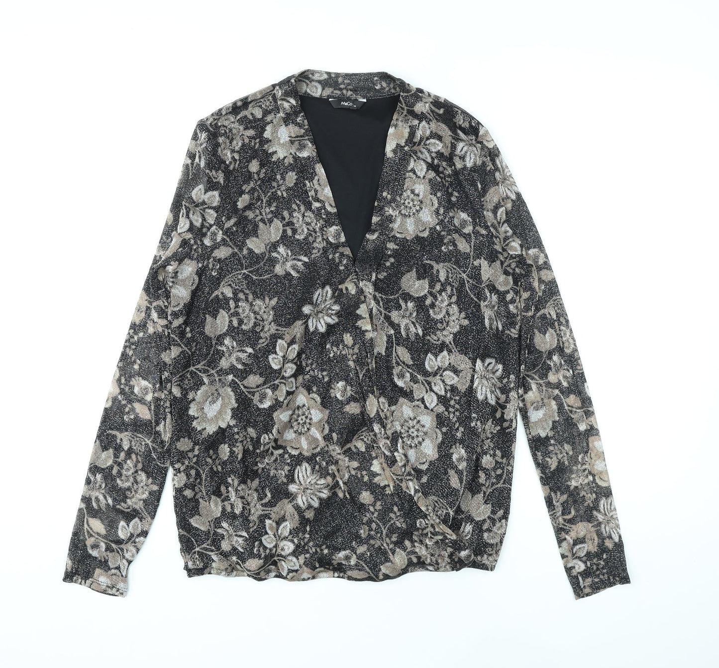 M&Co Womens Beige Floral Nylon Basic Blouse Size 10 V-Neck