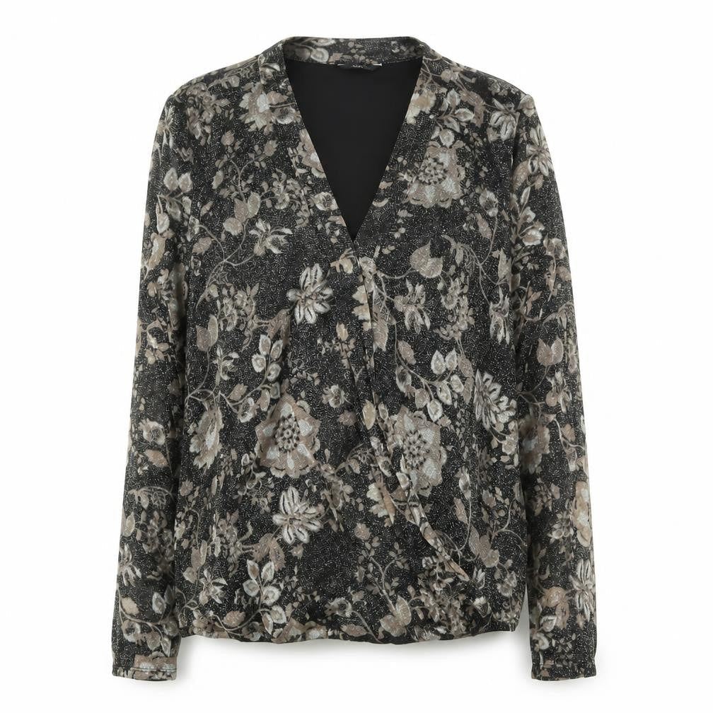 M&Co Womens Beige Floral Nylon Basic Blouse Size 10 V-Neck