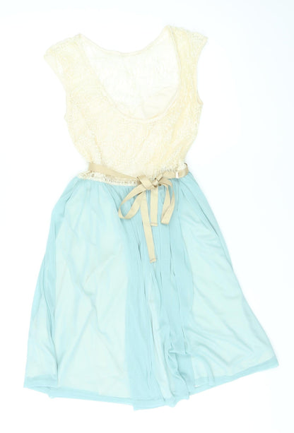 Back view of Miss Selfridge women’s blue polyester a-line, size UK 10, round neck pullover