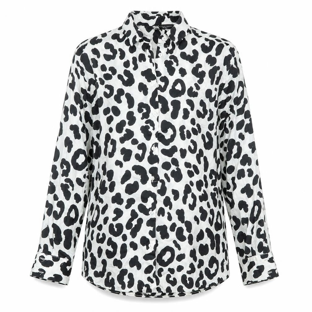 Zara Womens Grey Animal Print Polyester Basic Button-Up Size XS Collared - Leopard Pattern