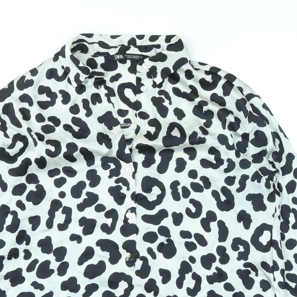 Zara Womens Grey Animal Print Polyester Basic Button-Up Size XS Collared - Leopard Pattern