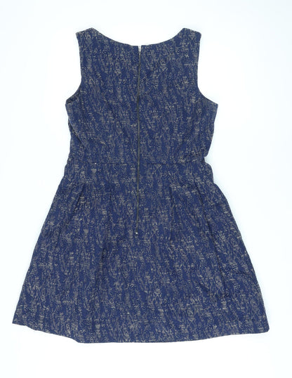 Next Womens Blue Geometric Polyester A-Line Size 14 Round Neck Zip