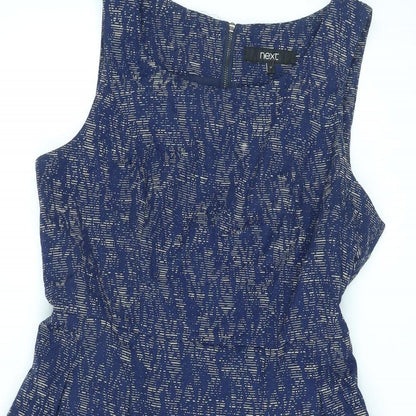 Next Womens Blue Geometric Polyester A-Line Size 14 Round Neck Zip