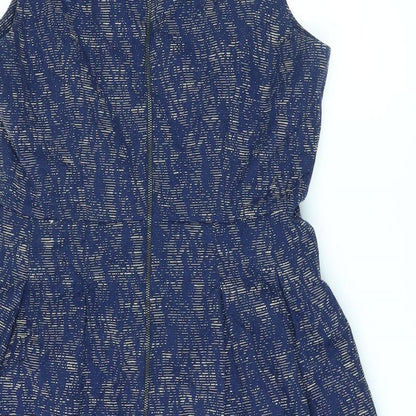 Next Womens Blue Geometric Polyester A-Line Size 14 Round Neck Zip