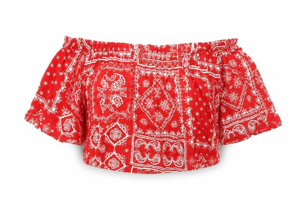 Select Womens Red Geometric Viscose Cropped Blouse Size 6 Off the Shoulder
