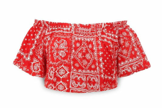 Select Womens Red Geometric Viscose Cropped Blouse Size 6 Off the Shoulder