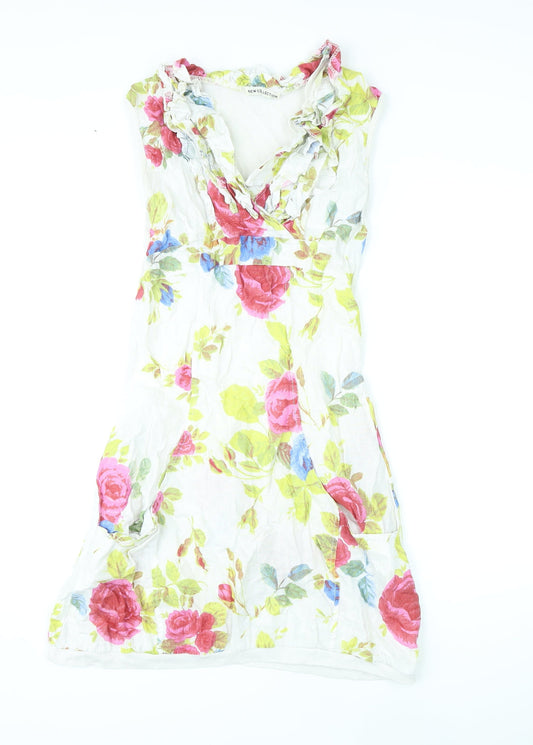 New Collection Womens Multicoloured Floral Linen Mini Size M V-Neck Pullover