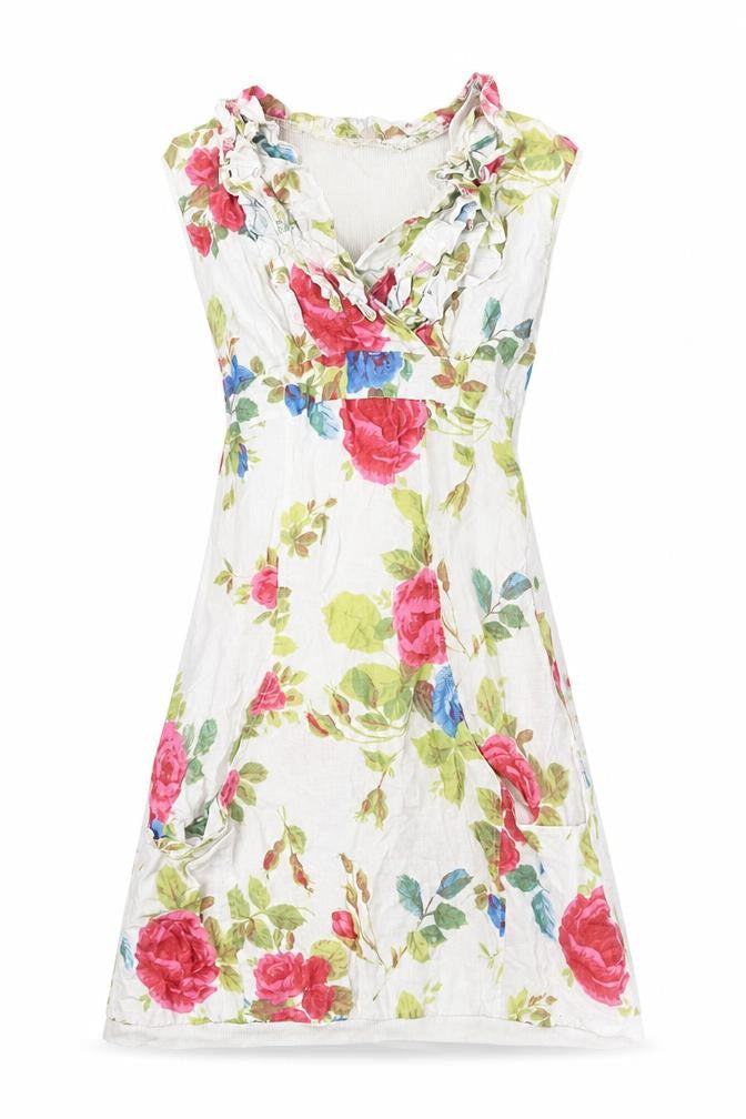 New Collection Womens Multicoloured Floral Linen Mini Size M V-Neck Pullover