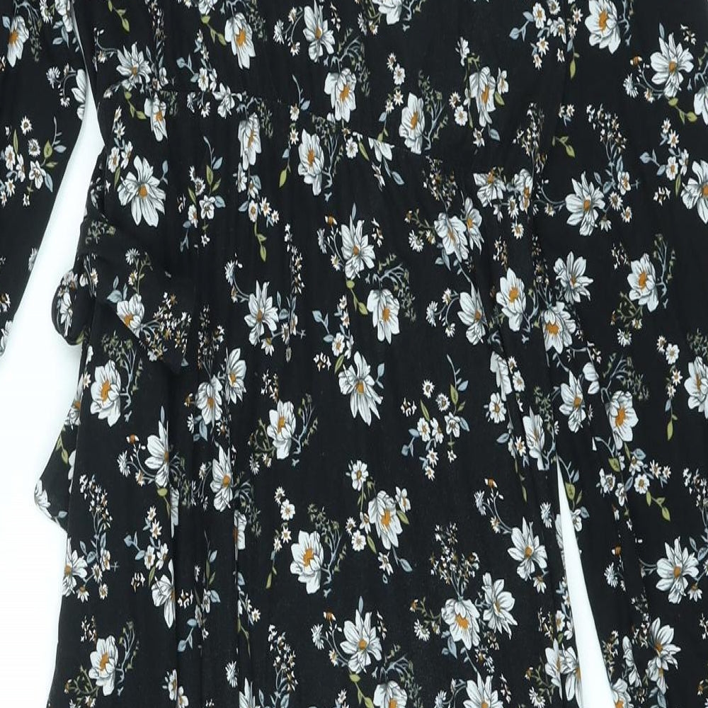 Blue Vanilla Womens Black Floral Polyester A-Line Size 12 Mock Neck Button