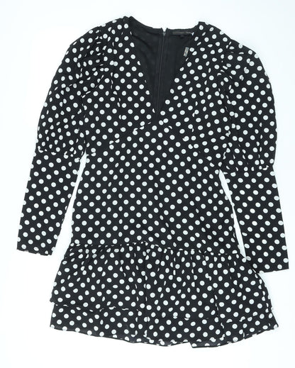 Love & Other Things Womens Black Polka Dot Polyester A-Line Size 12 V-Neck Zip