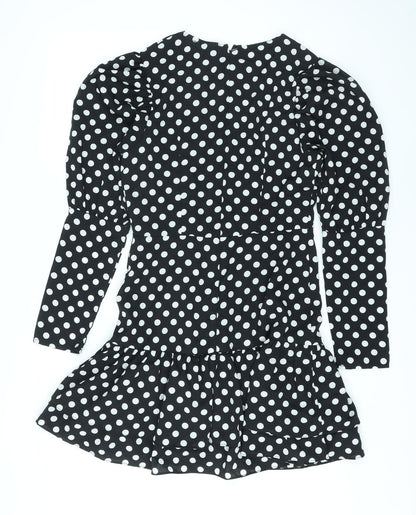 Love & Other Things Womens Black Polka Dot Polyester A-Line Size 12 V-Neck Zip
