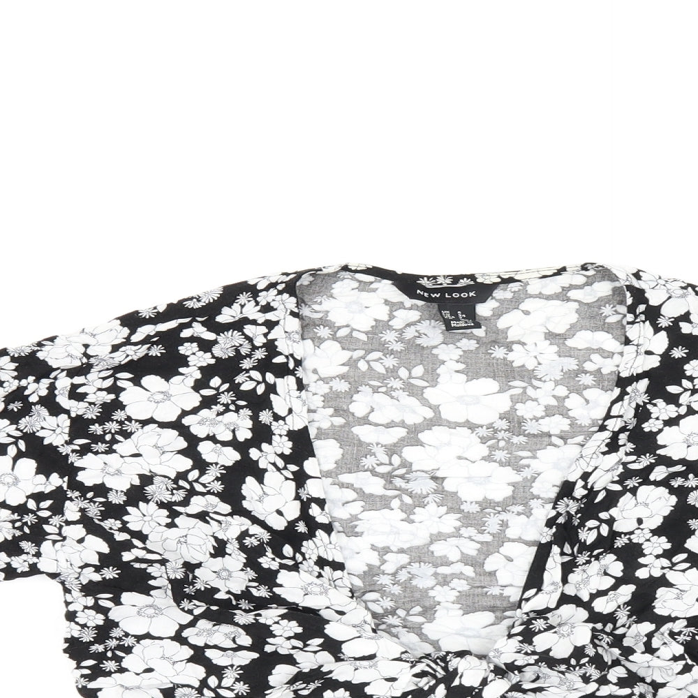 New Look Womens Black Floral Polyester Wrap Blouse Size 6 V-Neck - Cropped