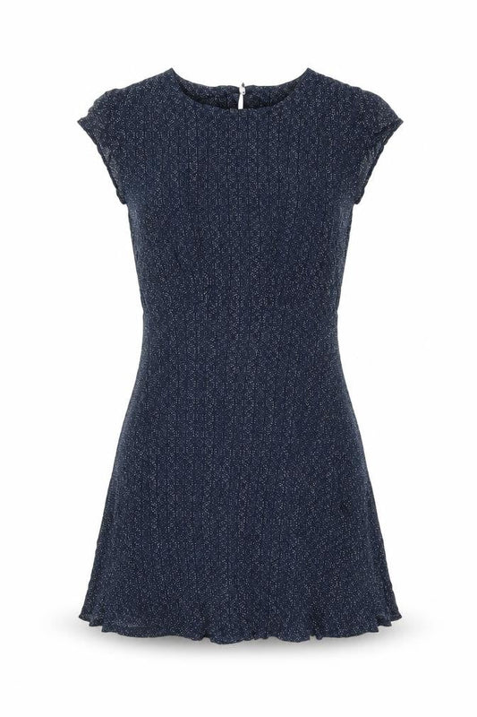 Front view of Cooperative women’s blue geometric viscose mini, size XS, round neck zip