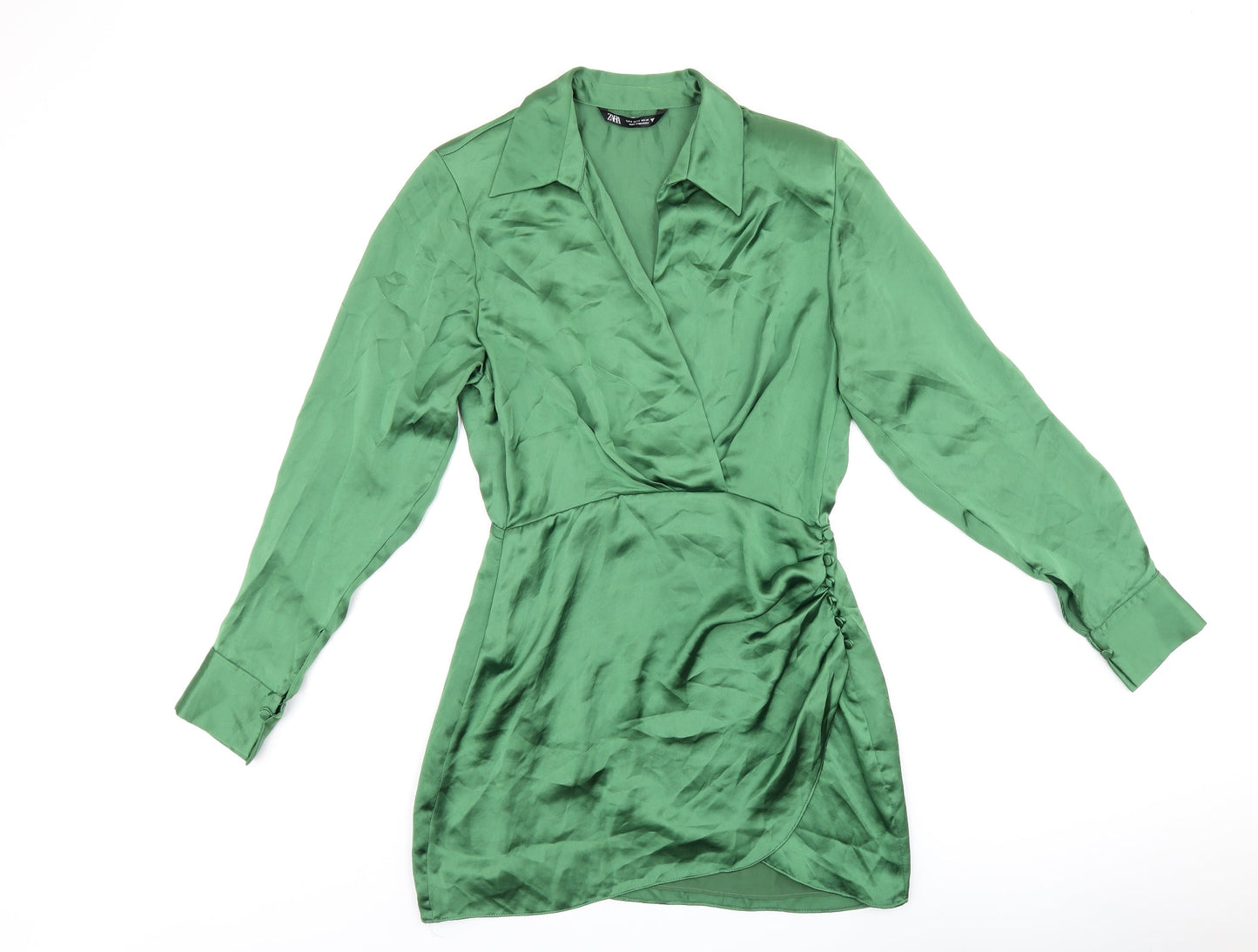 Zara Womens Green Polyester Shirt Dress Size S Collared Zip