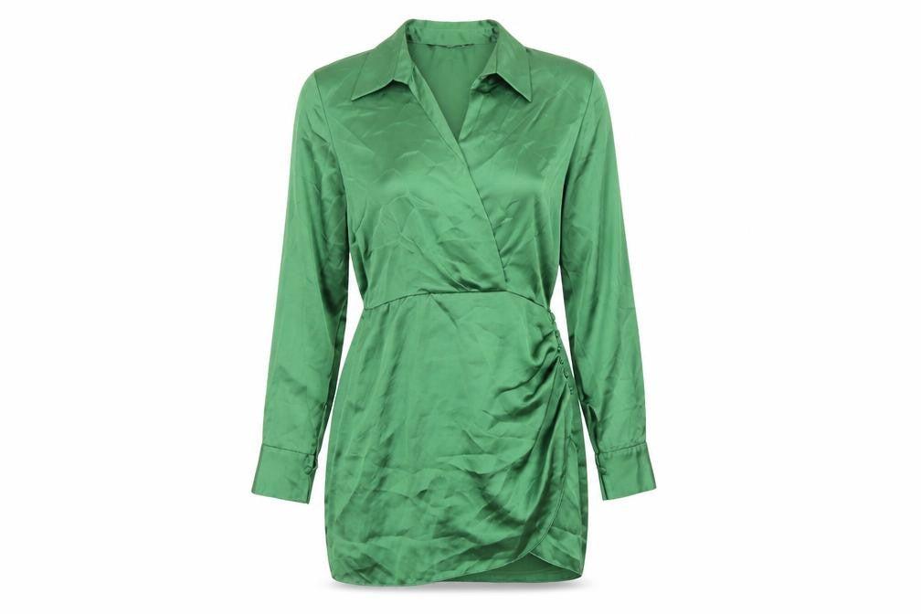 Zara Womens Green Polyester Shirt Dress Size S Collared Zip