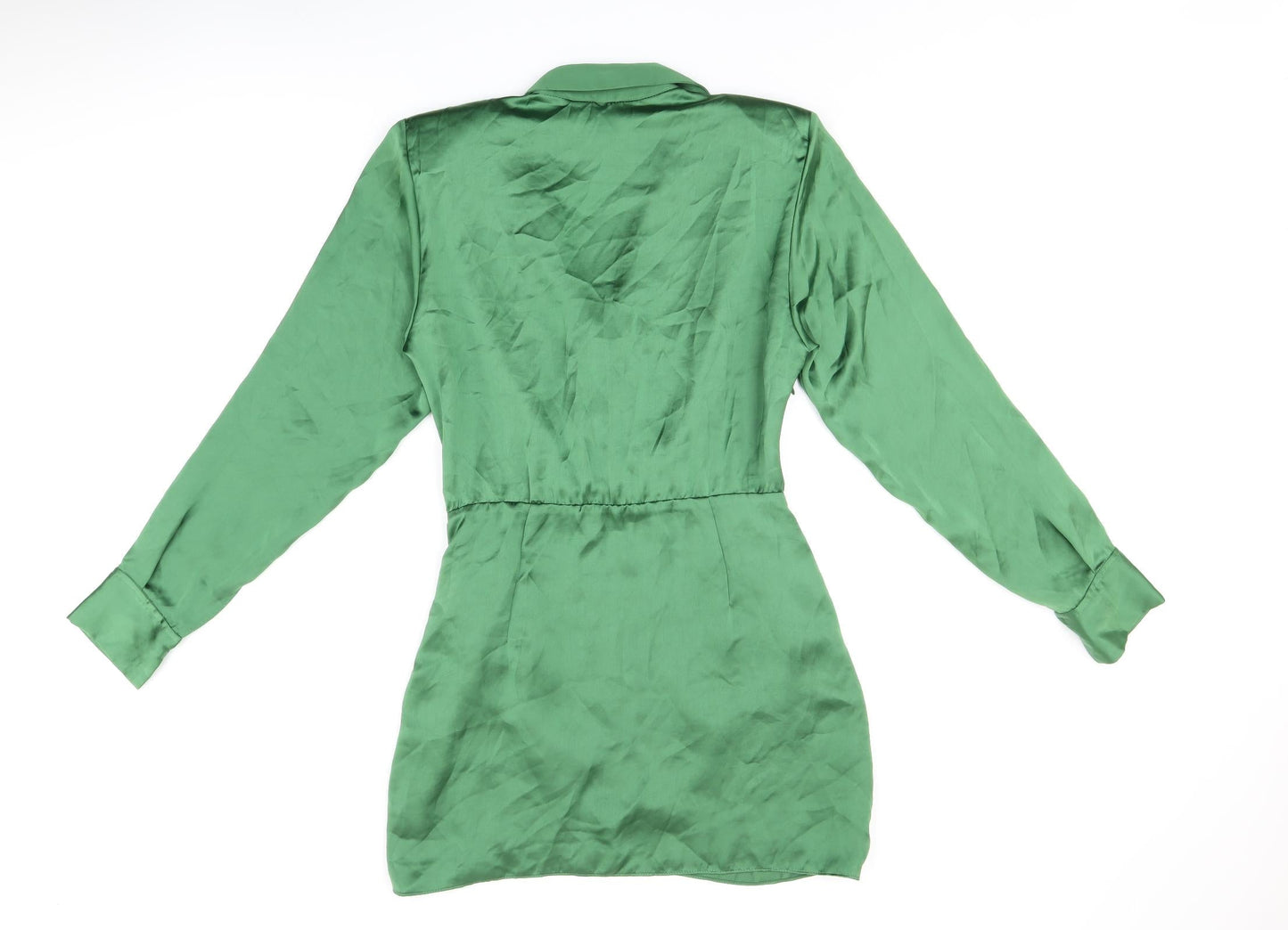 Zara Womens Green Polyester Shirt Dress Size S Collared Zip