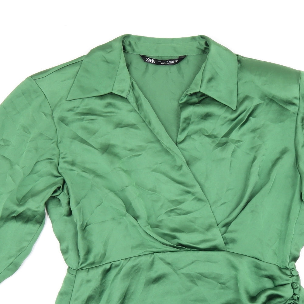Zara Womens Green Polyester Shirt Dress Size S Collared Zip