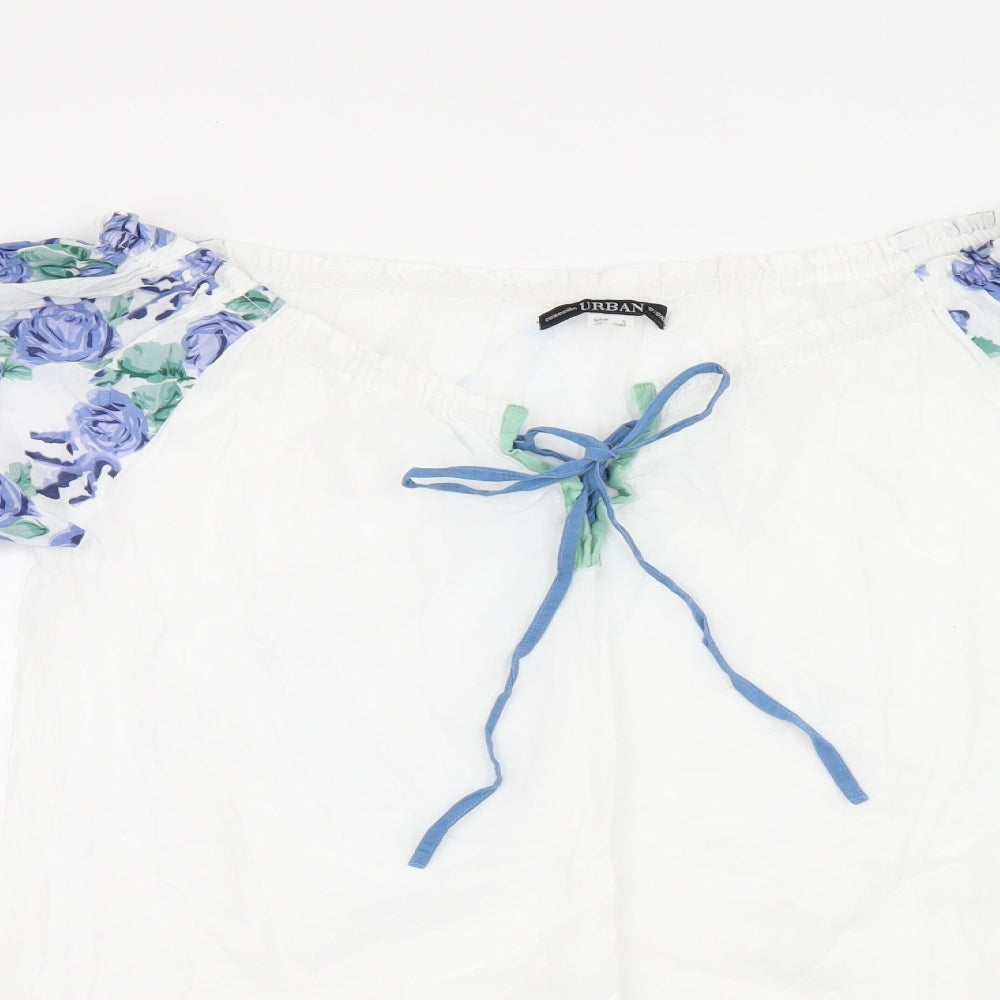 Urban Womens White Floral Cotton Basic T-Shirt Size L Off the Shoulder