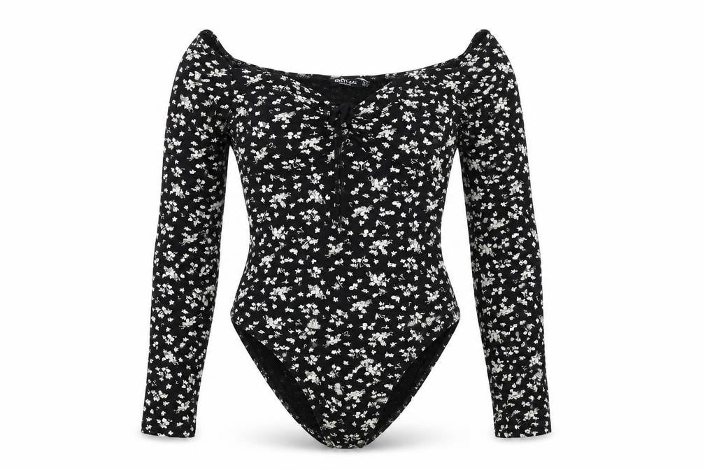 Nasty Gal Womens Black Floral Viscose Bodysuit One-Piece Size 6 Snap