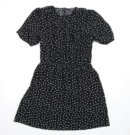 Marks & Spencer Womens Black Polka Dot Polyester A-Line Size 10 Round Neck Button