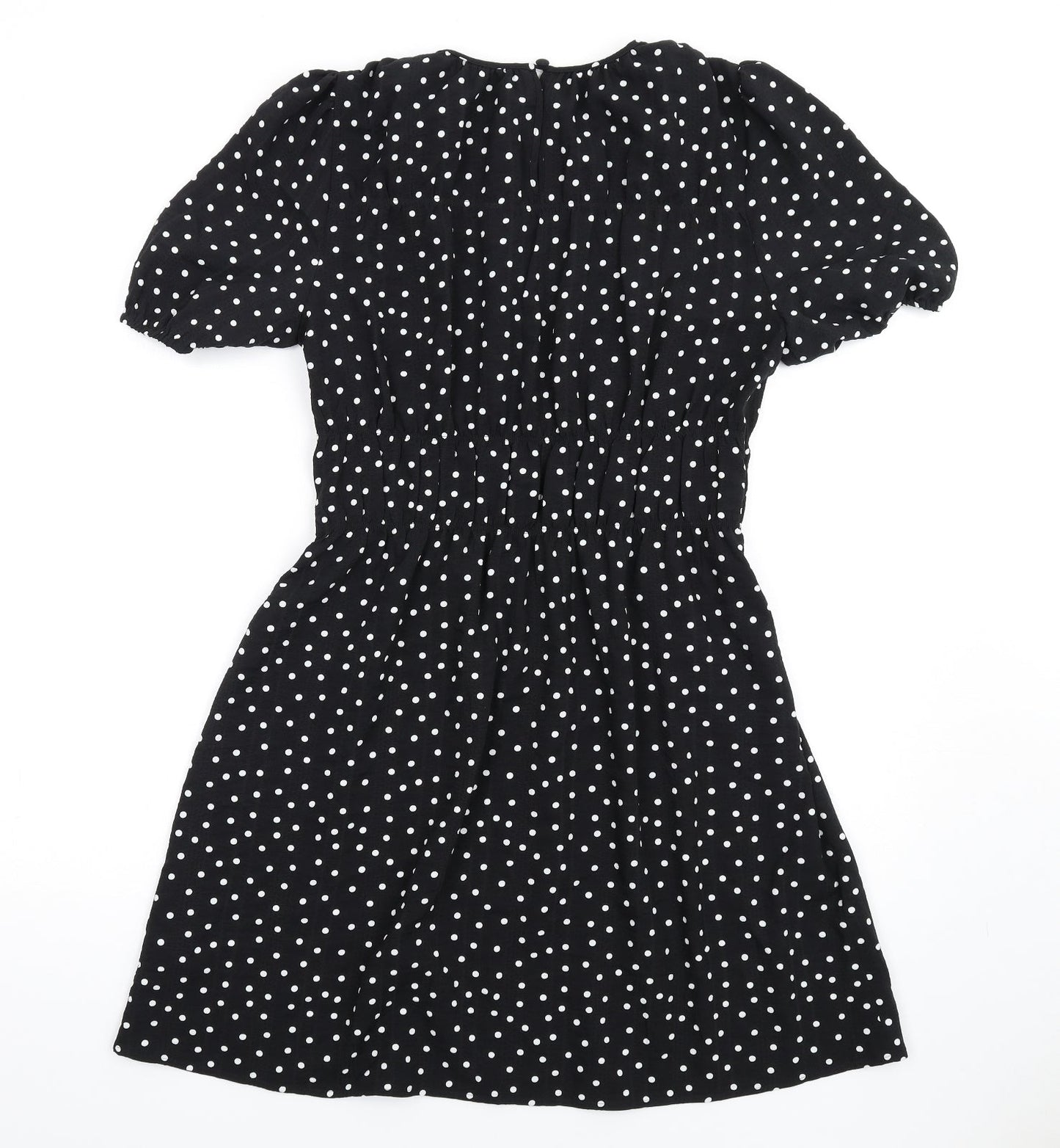 Marks and Spencer Womens Black Polka Dot Polyester A-Line Size 10 Round Neck Button
