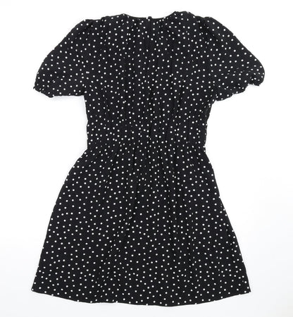 Marks & Spencer Womens Black Polka Dot Polyester A-Line Size 10 Round Neck Button