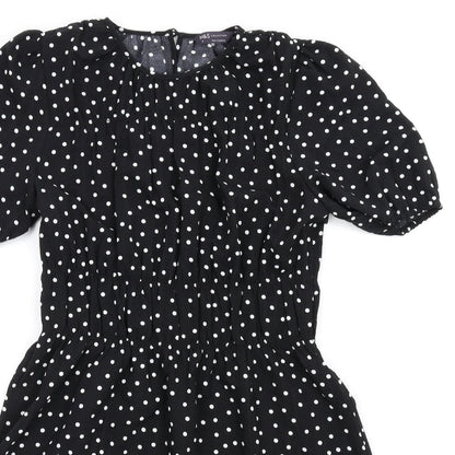 Marks & Spencer Womens Black Polka Dot Polyester A-Line Size 10 Round Neck Button