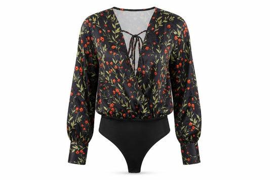 Front view of Missguided women’s black floral polyester bodysuit one-piece, size UK 10, snap