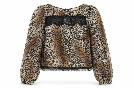River Island Womens Brown Animal Print Polyester Basic Blouse Size 6 Round Neck - Leopard Print Lace Trim Open Back