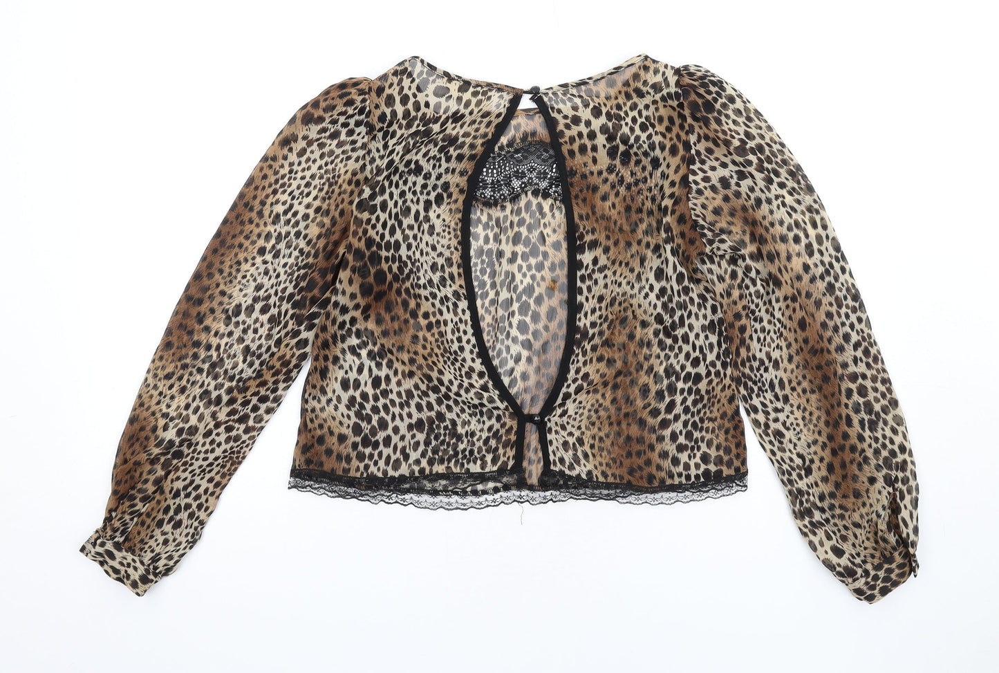 River Island Womens Brown Animal Print Polyester Basic Blouse Size 6 Round Neck - Leopard Print Lace Trim Open Back