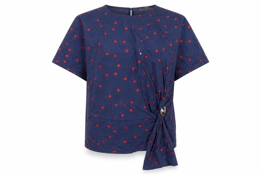 Sweewe Womens Blue Geometric Viscose Basic T-Shirt Size S Round Neck