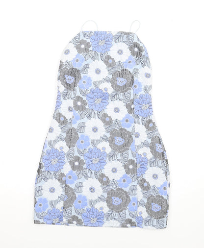 Additional front view of Missguided women’s blue floral polyester mini, size UK 10, square neck zip