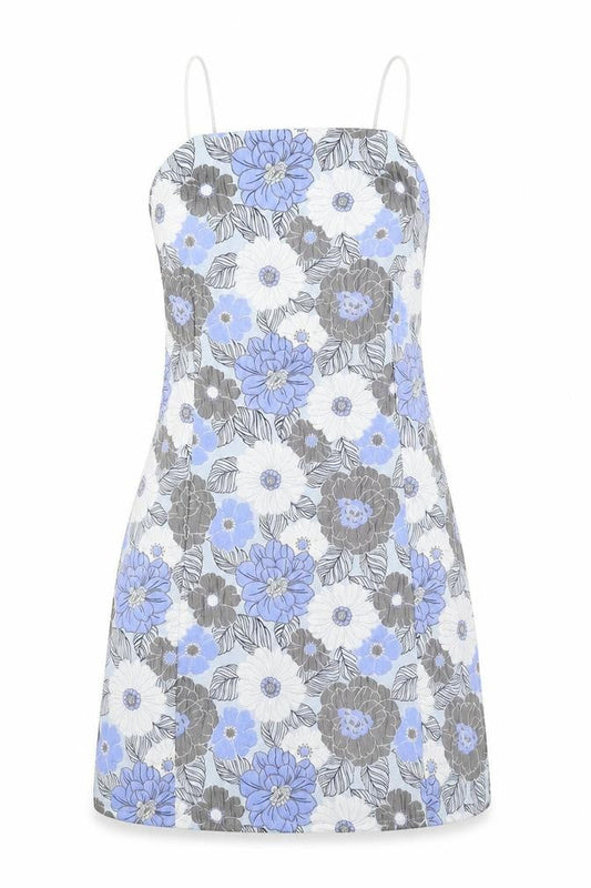 Front view of Missguided women’s blue floral polyester mini, size UK 10, square neck zip